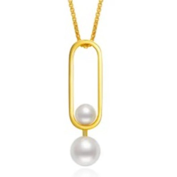 Double Pearl Oblong Shaped Drop Necklace Yellow Gold Plated 925 Sterling… - Picture 1 of 4
